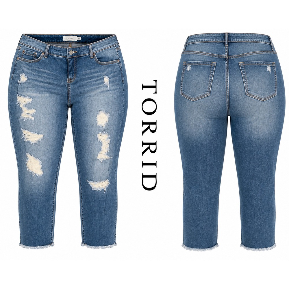 Torrid Jeans Womens 18 Blue Distressed Cropped Raw Hem Stretch Denim Edgy Ripped